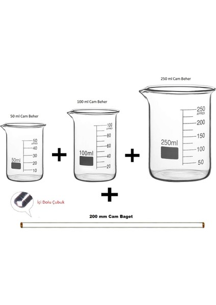 Cam Beher Seti 4 Parça, (1 Adet 50 Ml, 1 Adet 100ML, 1 Adet 250ML, 1 Adet 200 mm Cam Baget)