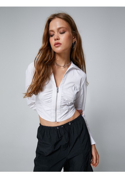 Crop Gömlek Fermuar Detaylı Büzgülü Slim Fit