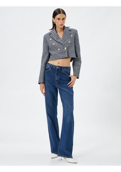 Blazer Tüvit Ceket Crop Kruvaze Gold Düğme Detaylı