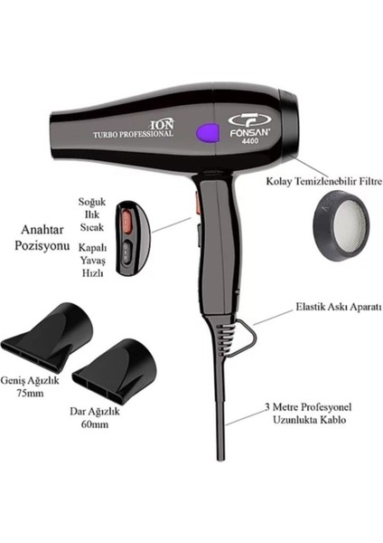 Turbo Profesyonel 2600 Watt Iyonlu Siyah Fön Makinesi Prf-Ion modelleri