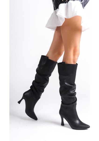 MBV100-S Siyah İnce Topuklu Körüklü Uzun Çizme modelleri