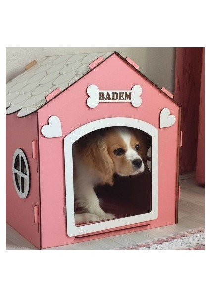 Süper Set Ahşap Dekoratif Köpek Evi-Kulübesi ,kedi Evi Minder ve Zincir Tasma (Pembe-Beyaz)