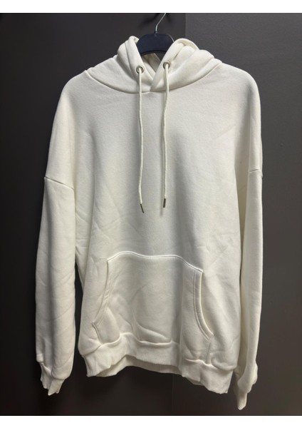 Erkek Kapüşonlu Kanguru Cebli Owersize Sweatshırt Beyaz