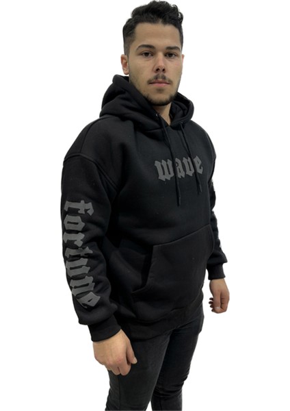 Erkek Kapşonlu Baskılı Owersize Sweatshırt Siyah