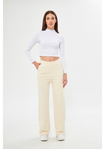 Kadın Krem Bol Paça Toparlayıcı Bel Sweatpants / Eşofman Altı