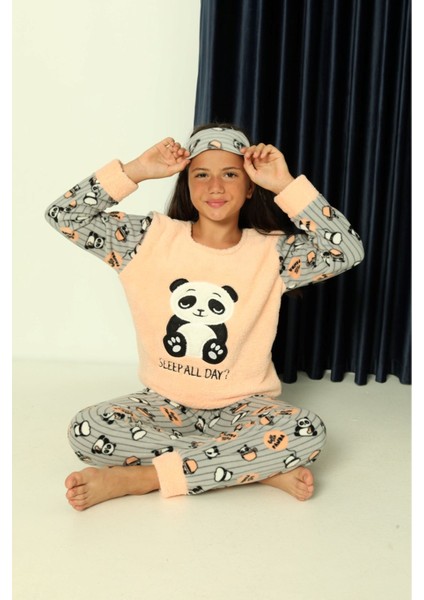 Çocuk Panda Desenli Kışlık Welsoft Polar Pijama Takımı 7E-8376