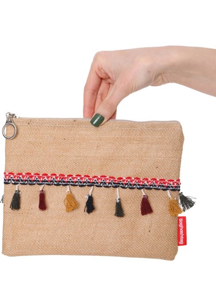 Vintage Pon Pon Püsküllü Jüt Clutch Bez Çanta
