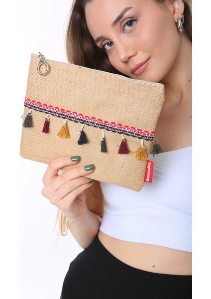 Vintage Pon Pon Püsküllü Jüt Clutch Bez Çanta fiyatları