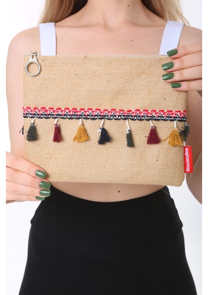 Vintage Pon Pon Püsküllü Jüt Clutch Bez Çanta modelleri
