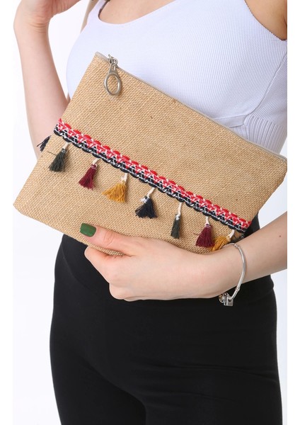 Vintage Pon Pon Püsküllü Jüt Clutch Bez Çanta fırsatları