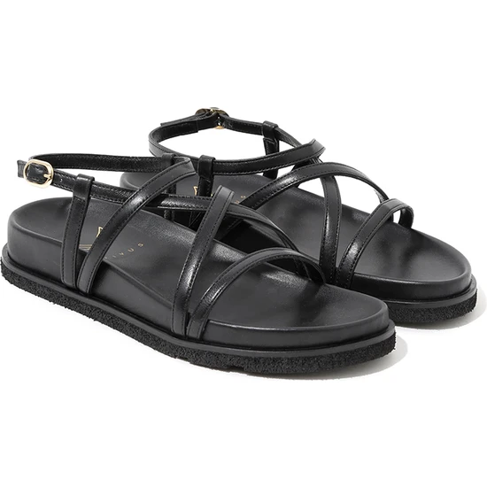 Rivus Deri Bant Detaylı Düz Sandalet - Siyah