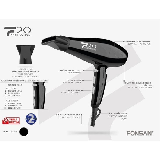 Fönsan F20 Profesyonel Fön Makinası 2200 Watt Siyah İyon Teknolojisi ve 2 Hız Ayarı ile