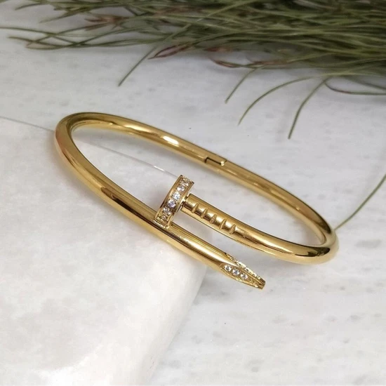 Çivi Model Altın Kaplama Çelik Kelepçe Bileklik | Zirkon Taşlı Cartier