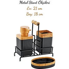 Grimor Life Metal Standlı Ahşap Detaylı Banyo Seti - Sıvı Sabunluk Katı Sabunluk Diş Fırçalık