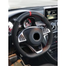 M&R Otokilif Aksesuar Renault Fluence Kırmızı Yüzüklü Karbon Nubuk Deri Direksiyon Kılıfı