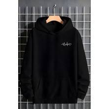 Oksit Kalp Ritim Baskılı Siyah Pamuklu Erkek Sweatshirt Uzun Kol Kapüşonlu Tasarım