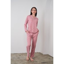 Pjs 24501 Kadın Düğmeli Puantiyeli Pembe Yumoş Pijama Takım
