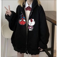 Touz Moda Spider-Man & Hello Kitty Baskılı Oversize Fermuarlı Siyah Kapüşonlu Hırka