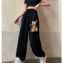 Touz Moda Killer Cat Baskılı Oversize Siyah Eşofman Altı