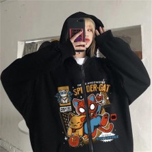 Touz Moda Spider-Cat Baskılı Oversize Fermuarlı Siyah Kapüşonlu Hırka