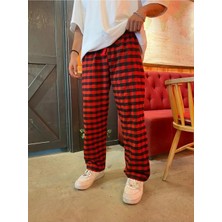 Touz Moda   Harajuku Kırmızı Siyah Kare Desenli Tracksuit Eşofman Altı