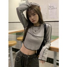 Touz Moda  Y2K Streetwear Ters Dikiş Detaylı Uzun Kollu Gri Crop HBCV000057FZCZ