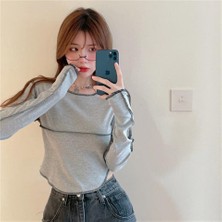 Touz Moda  Y2K Streetwear Ters Dikiş Detaylı Uzun Kollu Gri Crop HBCV000057FZCZ