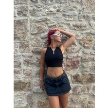 Touz Moda Y2K Zip Detail Yarım Fermuarlı Kolsuz Siyah Crop