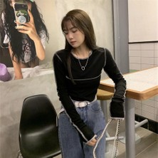 Touz Moda  Y2K Streetwear Ters Dikiş Detaylı Uzun Kollu Siyah Crop HBCV000057G03O