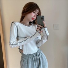 Touz Moda  Y2K Streetwear Ters Dikiş Detaylı Uzun Kollu Beyaz Crop HBCV000057G05Y