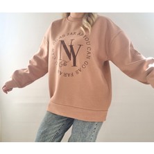 Qu Style  Nakış Desenli,oversize,bisiklet Yaka Spor Şık ,3 Iplik Şardonlu , Kadın Sweatshirt