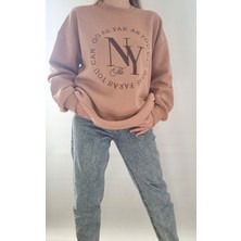 Qu Style  Nakış Desenli,oversize,bisiklet Yaka Spor Şık ,3 Iplik Şardonlu , Kadın Sweatshirt