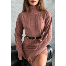 Nosia Fashion Triko Örgü Desenli Tarçın Renk Mini Elbise