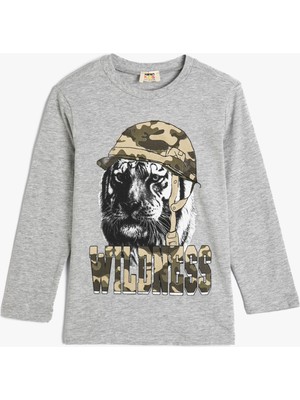 Koton Tişört Uzun Kollu Kaplan Baskılı Bisiklet Yaka Pamuklu