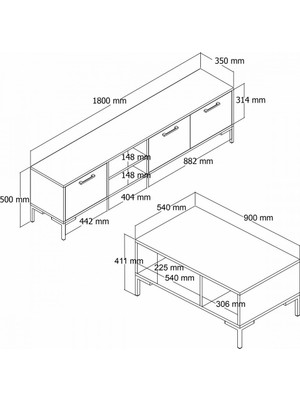 Mezza Set 1592-2082 Aurora 180 cm Metal Ayaklı Tv Ünitesi + Aurora Orta Sehpa - Hat Rengi