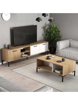 Mezza Set 1594-2084 Aurora 180 cm Metal Ayaklı Tv Ünitesi + Aurora Orta Sehpa - Sepet-Beyaz