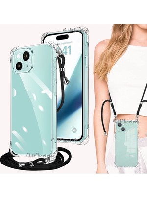M.TK Moveteck Iphone 15 Kılıf Köşe Korumalı Şeffaf Silikon Boyun ve Omuz Askılı Ipli Telefon Çantası Ipili Kılıf