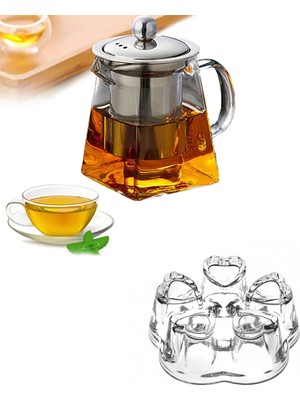 Senin Dükkanın Borosilikat Cam Metal Süzgeçli ve Metal Kapaklı Piramit Demlik ve Cam Isıtıcılı Set 750 ml