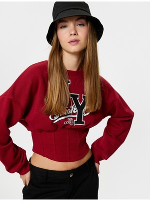 Koton Kolej Crop Sweatshirt Korse Detaylı Bisiklet Yaka
