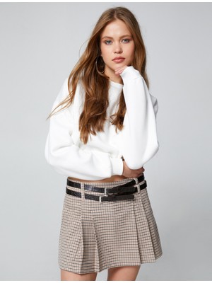 Koton Crop Sweatshirt Bisiklet Yaka Beli Ribanalı Uzun Kollu