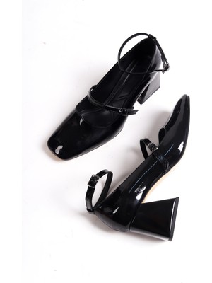 Modabuymus Kulia Siyah Rugan Mary Jane Kalın Topuklu Bantlı Ayakkabı