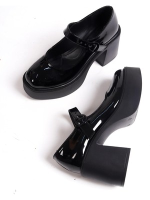 Modabuymus Biza Siyah Rugan Kalın Platform Topuklu Mary Jane Günlük Ayakkabı
