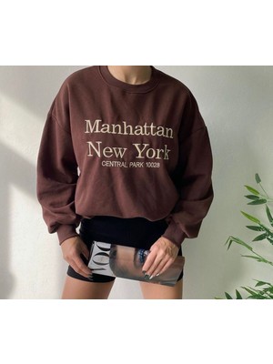 Challis Tasarım Kadın Kahverengi Manhattan Baskılı Sweatshirt