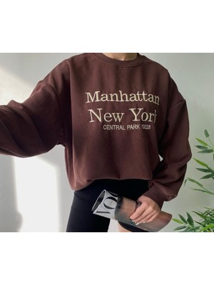 Challis Tasarım Kadın Kahverengi Manhattan Baskılı Sweatshirt