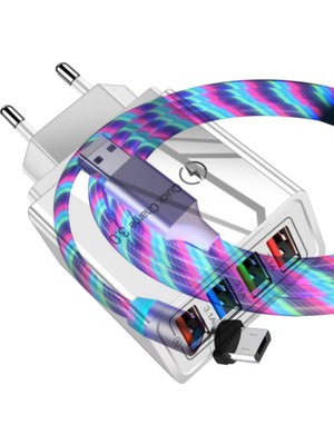 Judas A6 Çoklu Şarj Adaptörü 4 Port + J21 Micro USB Magnetic Akan LED Işıklı Şarj Kablosu -1mt