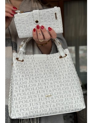 Just Polo 4 Bölmeli Büyük Boy Örgülü Model Ayarlanabilir Askılı Kadin Omuz Cantasi 2180 Beyaz Kombin