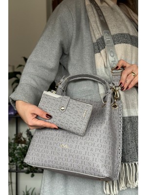 Just Polo 4 Bölmeli Büyük Boy Örgülü Model Ayarlanabilir Askılı Kadin Omuz Cantasi 2180 Gri Kombin