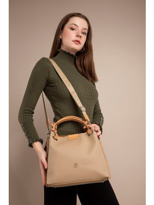 Just Polo 4 Bölmeli Büyük Boy Örgülü Model Ayarlanabilir Askılı Kadin Omuz Cantasi 4031 Kum Vizon