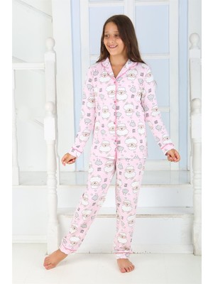 Vitmo Kız Düğmeli Pijama Takımı Kuzulu 'good Night' Model Uzun Kollu