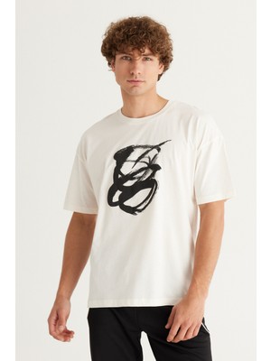 Altınyıldız Classics Erkek Ekru Oversize Bol Kesim Bisiklet Yaka %100 Pamuk Baskılı Tişört